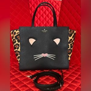 Kate Spade leopard print and cat fun loving tote with adjustable straps.